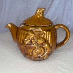 Vintage/Antique Brown Ceramic Teapot Embossed Figures